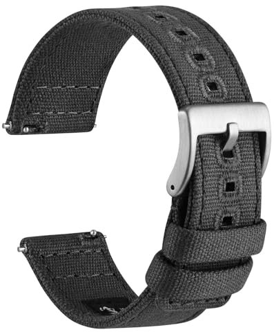 WOCCI 22mm Segeltuchstoff Uhrenarmband, Schnellverschluss, Ersatzband, Silberne Schnalle (Dunkelgrau)