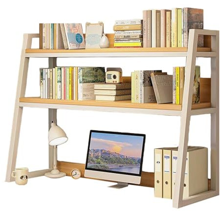 QXGJTLI Vintage Metal and Wood Ladder Desk Hutch, Freestanding Desktop Bookshelf Organizer, Multipurpose Table Top Storage Display Rack, 2-Tier Desktop Shelf for Dorm Office Home