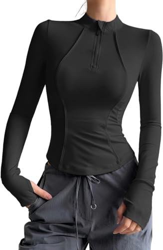 Long Sleeve Running Top Womens, Gym Clothes Yoga Tops for Women Uk, Quarter Zip Jumper Sports Workout Tops Women, Winter Running Gear Pilates 1/4 Zip Up Tops (UK, Alpha, L, Regular, Regular, black)