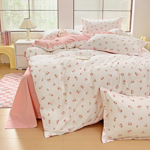 Covebett Biancheria da letto 140 x 200 cm, colore bianco, con fiori rosa, motivo botanico, set di biancheria da letto double-face, motivo floreale, motivo floreale, copripiumino e federa 70 x 90 cm