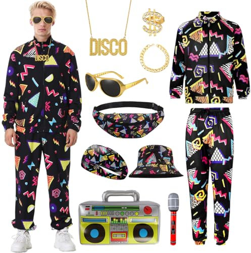 COYBTO 80s Fancy Dress Men, 90s Fancy Dress Costumes with Retro Accessories, 80s Fanny Pack Headband Inflatable Radio, 1980s Mens Tracksuit Shell Suits for Carnival Party Dress Up (Black, M)