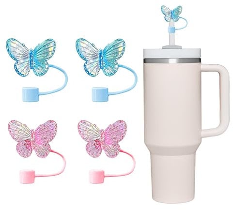 4 PCS Glitter Butterfly Straw Cover, Cap Toppers Compatible with Stanley 30&40 oz Tumbler Cups, 10mm Reusable Silicone Straw Tips Protectors Accessories, Pink Blue