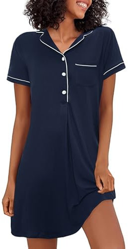 Jahetuul Camicia da Notte Donna Manica Corta Cotone Maglietta da Notte Estiva Camicia da Notte con Bottoni Biancheria Morbida Sleepshirt Négligé