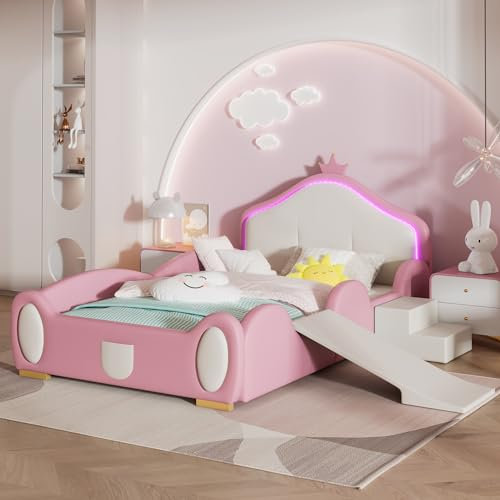 Jigichu Crown Cartoon Bett mit mehrfarbigem Multi-Mode-LED-Streifen, Polsterbett, Kinderbett mit kleiner Rutsche und Treppe, mit schützenden weichen Kanten, mit Holzlatten, PU, Rosa + Beige, 90x200cm