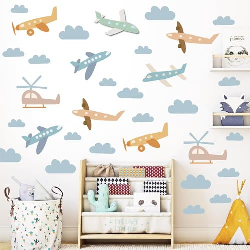 Fufuquare DIY Cartoon Flugzeug Wandtattoo Selbstklebender Vinyl Wolke Wandaufkleber für Kinderzimmer Kindergarten Schlafzimmer Wohnzimmer