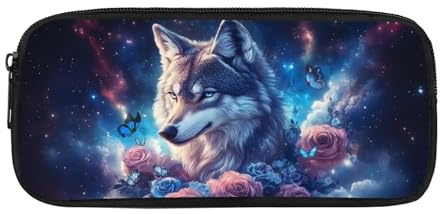 Biyejit Trousse à crayons avec motif loup et rose pour enfants, école, bureau, salle de classe, voyage, trousse de toilette pour adolescents, garçons et filles, cadeau de rentrée scolaire