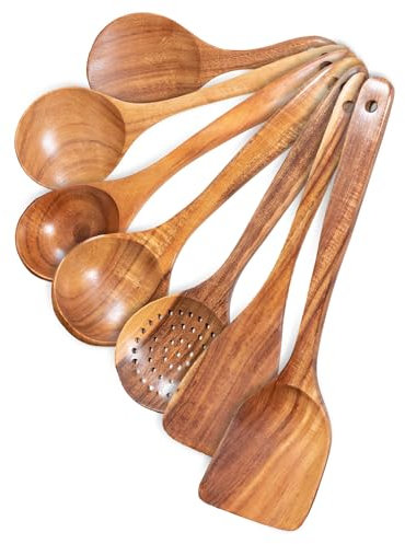 7-teiliges Kochbesteck-Set aus Akazienholz – Küchenhelfer-Set aus natürlichem Holz – Pfannenwender, Kochlöffel, Schöpfkelle – langlebiges & hitzebeständiges Kochset aus Holz