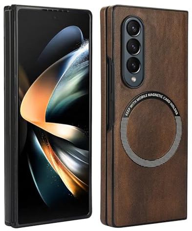 MINLIU Magnetische Hülle für Samsung Galaxy Z Fold 3, kompatibel mit MagSafe, Aus PU-Leder ultradünne Hartschalenhülle mit Fallschutz für Samsung Galaxy Z Fold 3 (Braun)