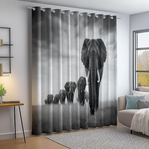Verdunklungsvorhänge Fotografie Tiere Afrikanische Elefanten Bedruckte Vorhänge Blickdicht mit ösen Verdunkelung, Gardinen Für Schlafzimmer Wohnzimmer Deko, H 200 x B 70 cm (2er Pack) Grau