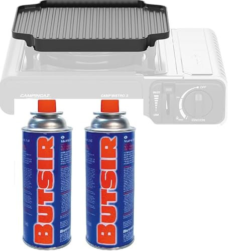 FYSHOP Pack Cocina Camping: Plancha Campingaz Camp’Bistro Grill Plate + 2 Cartuchos Gas Butsir (227 g) – Compatible con Estufas Portátiles – Cocina Outdoor Todo en Uno
