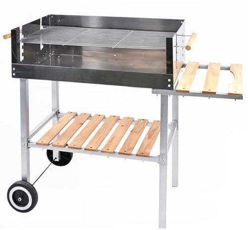 Ma Maison Barbecue Rettangolare a Carbone 100x40x90 cm BBQ 2 Ruote, Piano Cottura 48x26 cm- 2 Ripiani d' appoggio in Legno, Griglia, Metallo, Campeggio, Giardino,Balcone, Brace - Spostabile