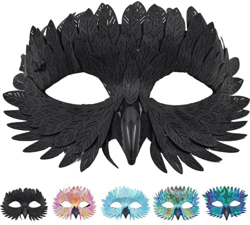 CWENDANER Elegante Vogelmaske mit Federn 5 Farben Halbgesichtsmaske für Karneval, Maskenbälle & Fasching (Bunt, für Mottopartys & Fasching)