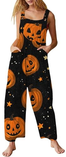 Tuta da donna di Halloween con tasche gamba larga senza maniche salopette zucca pagliaccetto ampio scheletro stampa teschio tuta ampia grafica moda divertente costume a tema tute, Blu scuro, XXL
