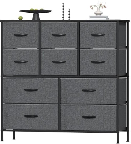 Feonase Chest of Drawers, Bedroom Tall Dresser with 10 Fabric Drawers, Metal Frame & MDF Wood Top, Adjustable Feet, Storage Organizer Unit for Bedroom, Closet, Living Room, Hallway, Deep Grey