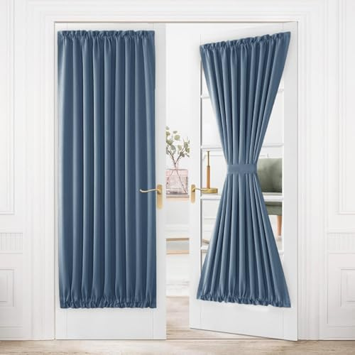 DWCN French Door Curtains – Rod Pocket Thermal Blackout Curtain for Doors with Glass Window, Kitchen and Patio Doors for Privacy, 54 X 80 Inches Long, 1 Curtain Panel with Tieback, Dusty Blue