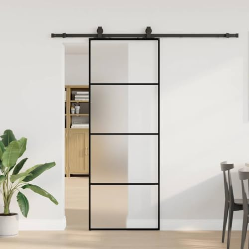 Porte coulissante avec ferrure, noire, 76 x 205 cm, verre ESG mat, roulement intérieur, silencieuse, peu encombrante pour chambre à coucher, cuisine, garage, baignoire