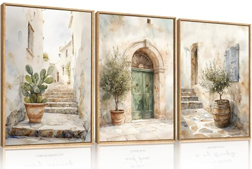 KAIRNE Mittelmeerdorf Leinwand Wandkunst Toskanische Straße Drucke Neutrale Beige Europäische Stadt Bilder Olivenbäumen Kaktus Für Wohnzimmer Schlafzimmer Bauernhaus Dekoration 30 x 40 cm x 3