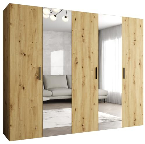 MEBLE KRYSPOL - Kleiderschrank - Garderobenschrank - 250 cm x 202 x 52 cm - Schrank mit Kleiderstange und Spiegel, 5 Türen - für Schlafzimmer, Flur - BARI, Artisan-Eiche, Griff Schwarz