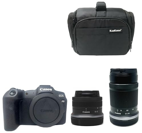 KamKorda Camera Bag + R8 Mirrorless Digital Camera Body + RF-S 18-45mm + RF-S 55-210mm STM lens, 32.5MP APS-C CMOS Sensor, 4K60 10-Bit Video + 2 Year Warranty