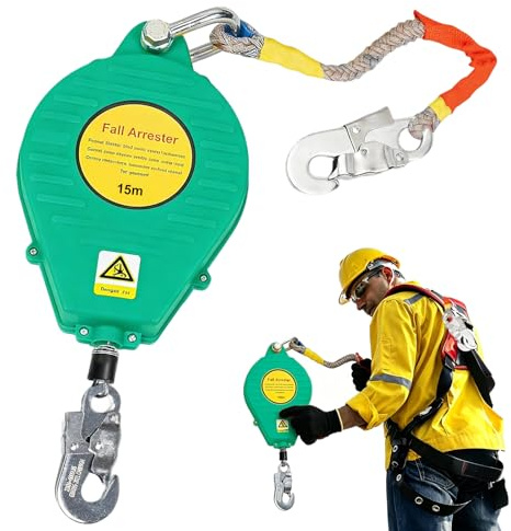 Absturzsicherung Dachdecker, Höhensicherungsgerät Absturzsicherung 3m/5m/7m/10m/15m/20m, Auffanggurt Absturzsicherung Einziehbar mit Selbstsicherndem Haken(Grün,15m)