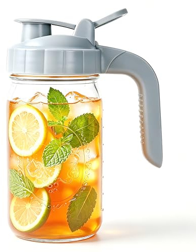 Mason Jar Pitcher With Pour Spout Lid 32 OZ Glass Breast Milk Storage Airtight & Leakproof 1 Quart Wide Mouth Water Jug With Flip Cap For Fridge Cold Brew Coffee Iced Tea Sun Tea Lemonade Juice Drinks