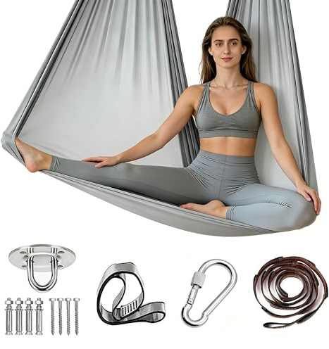 Aerial Yoga Hängematte Set, 150 x 280CM Yoga Hängematte Erwachsene, Aerial Yogatuch zum Aufhängen, 200 kg Belastbarkeit, inkl. Karabiner, Befestigung, Nägel & Zubehör für Freizeit