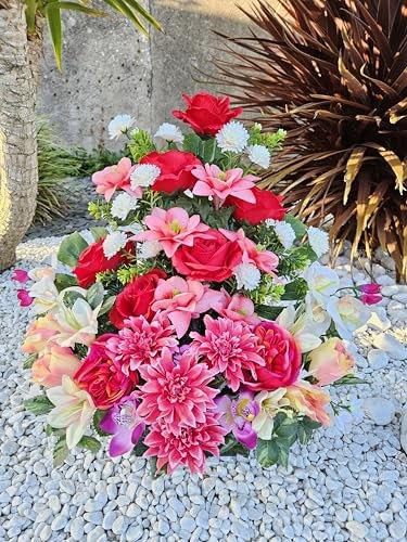 Roselynexpress Composition De Fleurs Artificielles Lesté Ciment pour Une Très Bonne Tenue à L' extérieur. Réalisé par Nos Soins, Fleurs De Qualité.