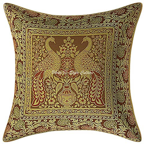 Stylo Culture Bohemio Forros para Cojines Decorativos 40x40 cm Brocado De Seda Pavo Real Fundas De Almohadones Cama Marrón Café Jacquard Cuadrado Cremallera Fundas para Los Cojines del Sofa - 1 Pc