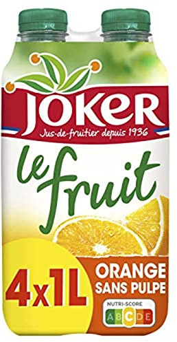Joker Le Fruit Jus d'Orange Sans Pulpe 100% Fruits, 4 x 1L