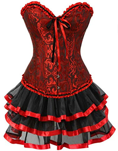 Kelvry Damen Spitze Korsage Korsett Top Corsagekleid Corsage Mini Rock Rot