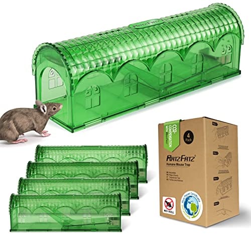 RatzFatz Premium Mausefalle Lebend Inkl Köder Station - Lebendfalle Mäuse Wiederverwendbar Draussen, Innen, Kleintiere, No Touch, Haustiersicher, Grün, 4 Stück