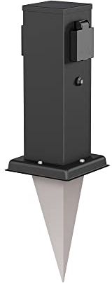 ledscom.de Garten-Steckdosen-Säule Polly mit Dämmerungssensor und Erdspieß für außen, 2-Fach, Edelstahl, eckig, schwarz, 27cm