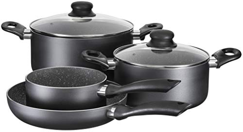 MÄSER 931727 Serie Izar - Batería de cocina antiadherente, apta para inducción, incluye 2 ollas con tapa, 1 sartén y 1 cacerola de aluminio, color negro