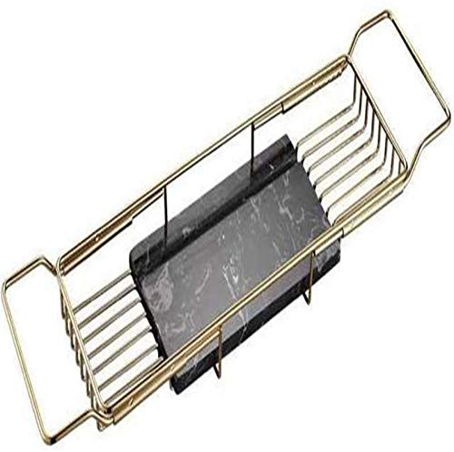 ZZBB rutschfeste Multifunktionale Teleskop-badewanne Caddy Tray Aus Natürlichem Marmor Messing Erweiterbare Badewanne Rack Rack Organizer Hängende Korb Rack Badezimmer Bad,