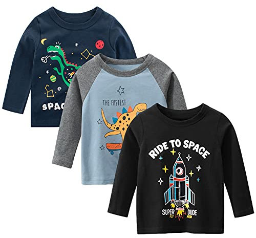 amropi Baby Boys Striped T-Shirt 3 Pack Long Sleeve Cotton Top Crew Neck Tee Shirts Black Blue Black, 1-2 Years