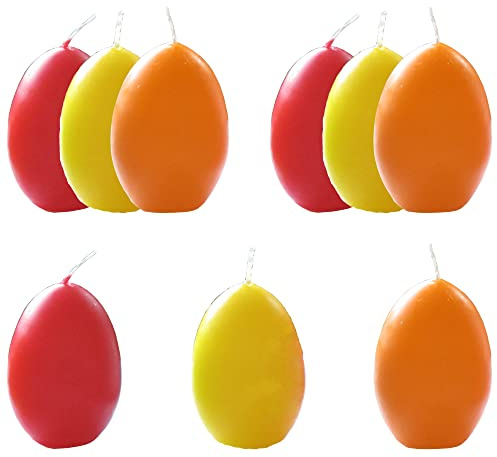 AUSWAHL Farbe + Menge - Eikerzen Dekoeier Kerze Osterei Eierkerzen farbig sortiert 4,5 x 6,5 cm - hier: 9 Stück [rot, gelb, orange]