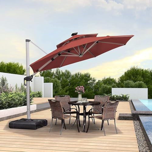 PURPLE LEAF Parasol De Jardin Extérieur 3,3 m Rond avec LED, Parasol Déporté avec Manivelle, Parasol Excentré Inclinable avec Housse de Protection, Rouge cardinal