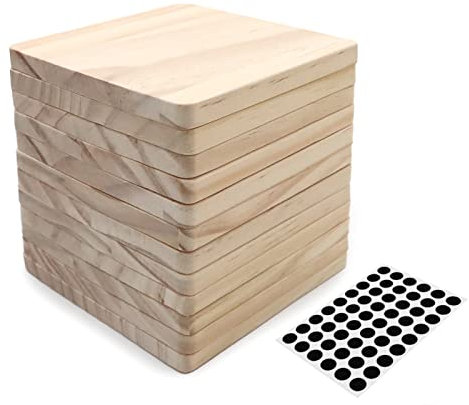 12 PCS Unfinished Square Wood Coasters, SIJDIEE 4 Inch Blank Wooden Craft Coasters with Non-Slip Silicon Dots for DIY Stained Painting Wood Engraving Home Decoration