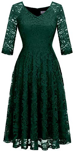Dressystar Robe de Soirée Cocktail Femme Midi Dentelle Manche Longue sous Genou Robe de Mariage Invitée Col en V Glamour et Chic Vert Foncé S