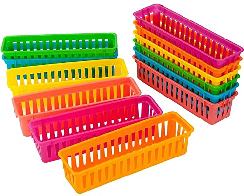 DARENYI 12 PCS Classroom Pencil Organizer Basket 6 Colors Pen and Pencil Storage Baskets Trays for Classroom Organizer Drawers Shelves Closet and Desk