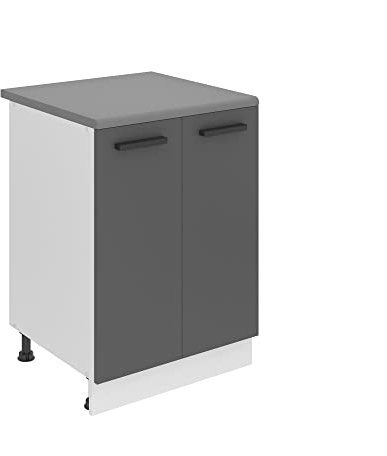 Belini Unterschrank Küche, Küchenunterschrank 60 cm Breite. SD2 Küchenunterschrank mit Arbeitsplatte. Küchenschrank mit 2 Türen, Silber matt
