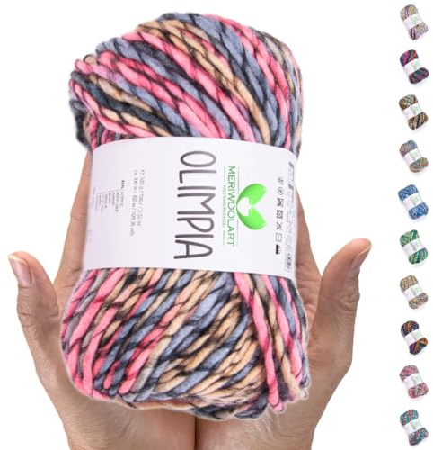 MeriWoolArt Merino Wolle zum Stricken – 100 m Mehrfarbige Dicke Weiche Merinowolle zum Stricken für Pullover Jacken – XXL Handstrickwolle – Voluminöse DIY Wolle für Schals Decken Tücher Geschenke