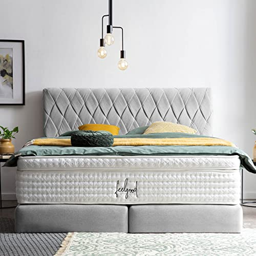 Designer Boxspringbett Lyon 160x200 Webstoff, mit Topper, Polsterbett, Hotelbett, ohne Bettkasten, 7 Zonen Taschenfederkern-Matratzen, Aufbau KOSTENLOS (Hellgrau, 160x200 cm mit Topper)