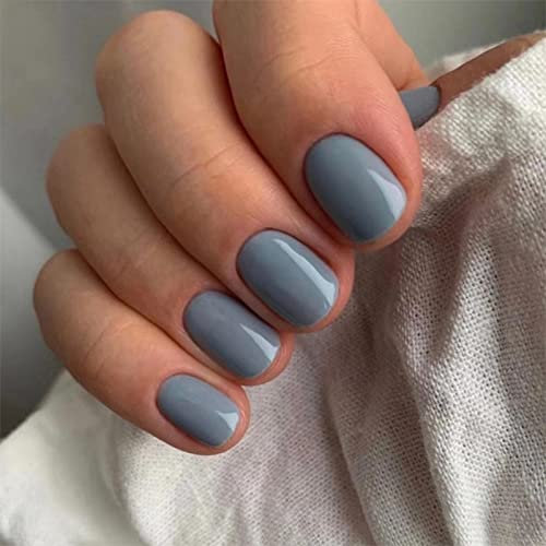 Agasar Lot de 24 faux ongles courts à coller sur les ongles à presser et à coller - Accessoires pour le nail art (gris bleu)