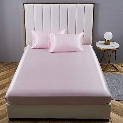 Drap Housse Satin 180x200cm Rose Bonnet 30 cm Microfibre Motif Drap de lit Soie Drap-Housse 180 x 200cm Uni Lisse Respirant pour Matelas Épais,Grand Bonnet 180 200