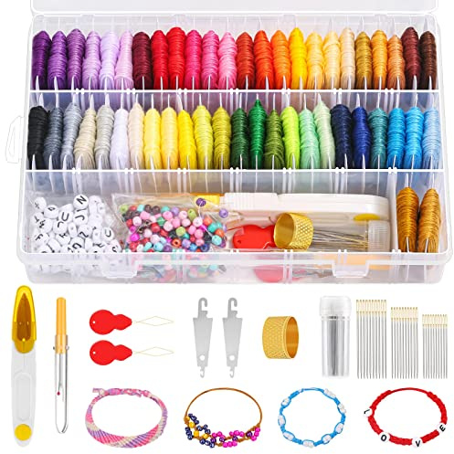 PAXCOO 488Pcs String Bracelet Making Kit, Friendship Bracelet String Kit with 50 Skeins Embroidery Floss Cross Stitch Thread, 400Pcs Friendship Bracelet Beads, 37Pcs Embroidery Tools