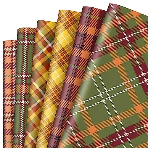 Whaline 12 Blatt Herbst-Geschenkpapier 6 Stile gelb grün kariert Verpackungspapier gefaltete flache Plaids DIY Kunst Bastelpapier für Herbst Urlaub Geburtstag Hochzeit Babyparty 50 x 70 cm