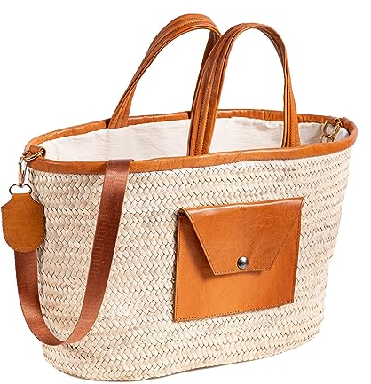 Darido - Sac de courses Fourre-tout M 40x16x25 cm - En Osier Naturel Caramel - Doublure de protection avec Poche & Bandoulière - Détails en Vrai Cuir - Look Bohémien & Pratique