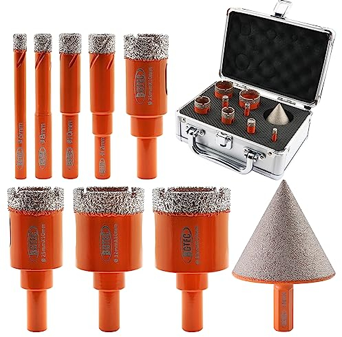 BGTEC Foret Diamant Kit Trépan Carrelage - 9pcs(6/8/10/12/20/25/32/35mm+50mm Mèche chanfreiner)Couronne diamantée brasée sous vide avec tige arrondie pour céramique porcelaine carrelage marbre granit