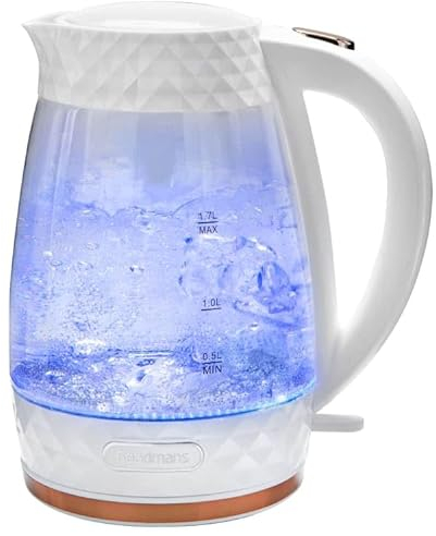RA-HOMESTORE Diamond Glass Kettle 3000W Fast Boil 1.7 Litres Illuminated LED Overheat Protection Washable Limescale Accents Water Measurement 360° Rotation Base- White & Rose Gold